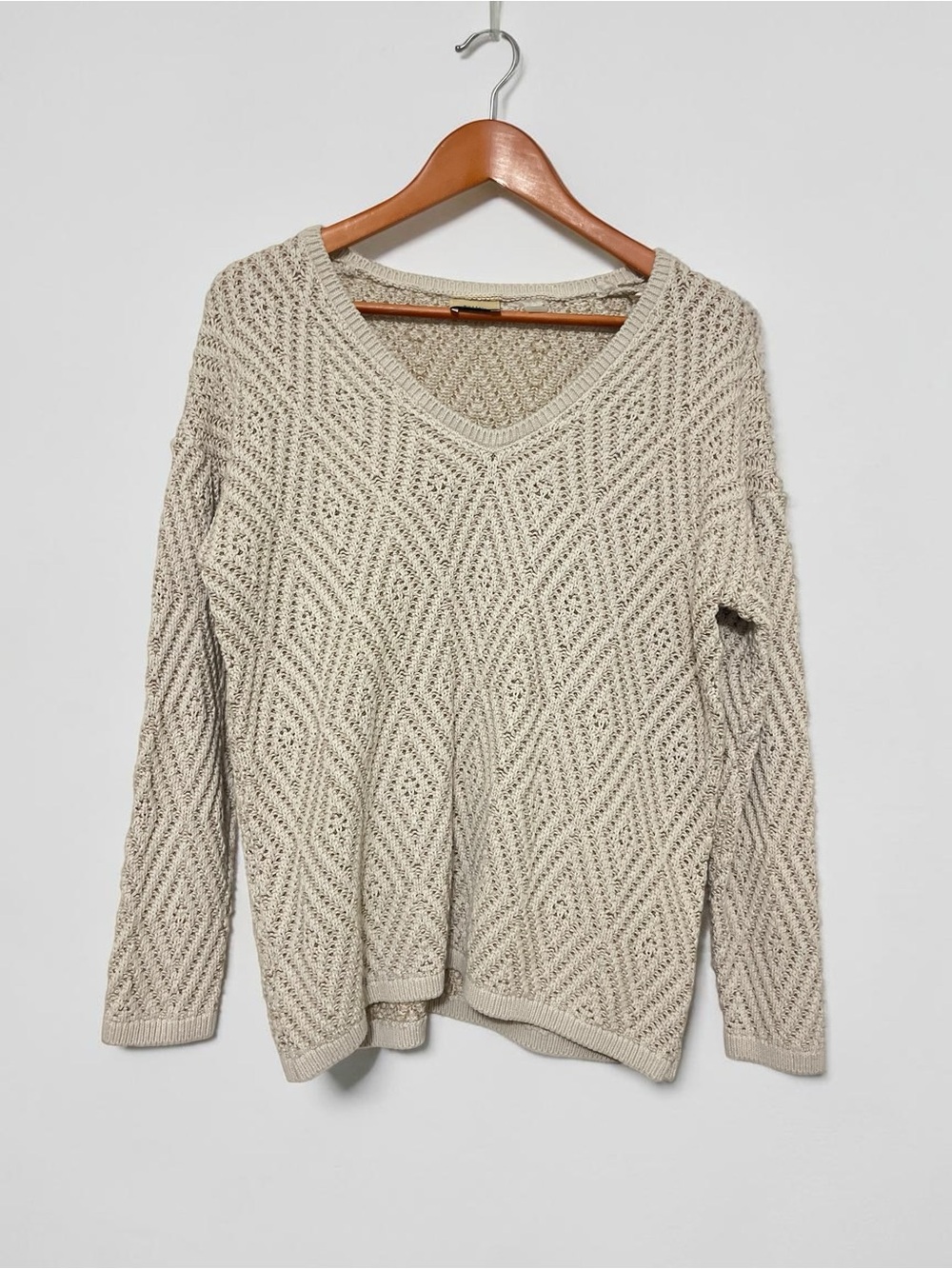Elie Tahari Diamond Open Knit Crochet V-Neck Sweater Beige Medium M
